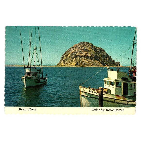 Vintage Morro Rock Bay CA Postcard Merle Porter Fishing Boats Scene Tourism - Picture 1 of 2